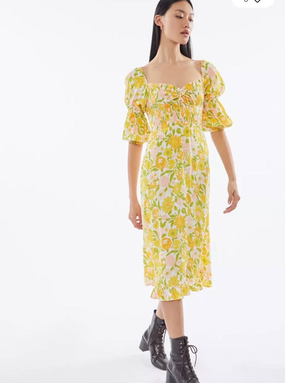 FAITHFUL THE BRAND  Puff-Sleeve Midi Dress in Yellow